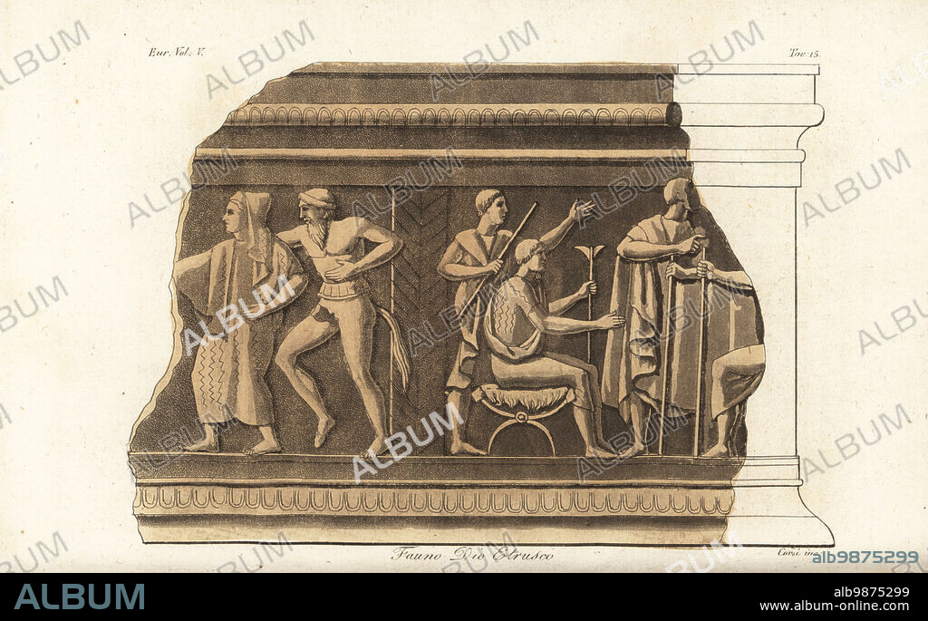 The Etruscan god Faunus (Pan in Roman mythology). From a fragment of an ancient sculpture. Fauno Dio Etrusco. Handcoloured copperplate engraving by Corsi from Giulio Ferrarios Costumes Ancient and Modern of the Peoples of the World, Il Costume Antico e Moderno, Florence, 1843.