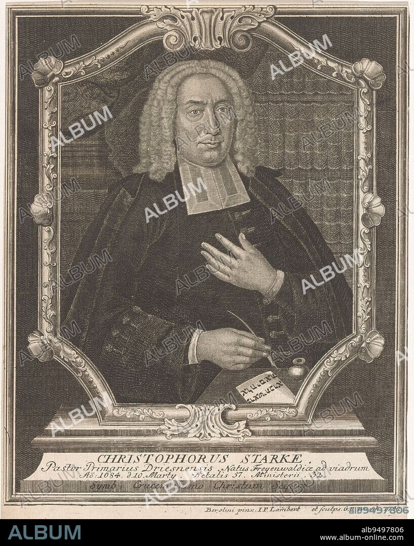 Portrait of Christoph Starke, Georg Paul Busch, after J.P. Lambert, 1741, print maker: Georg Paul Busch, (mentioned on object), after: J.P. Lambert, (mentioned on object), Berlin, 1741, paper, engraving, h 220 mm - w 164 mm.