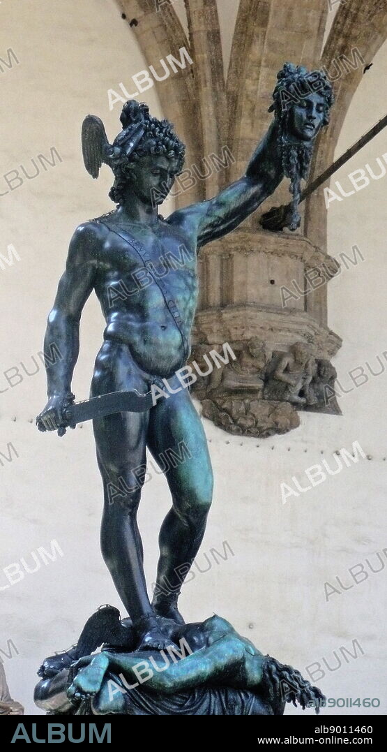 Bronze statue of Perseus holding the severed head of Medusa. Perseus stands naked triumphantly atop her blood spewing body. Made by Benvenuto Cellini circa 1545 AD, and currently sits in the Piazza della Signoria, Florence, Italy.