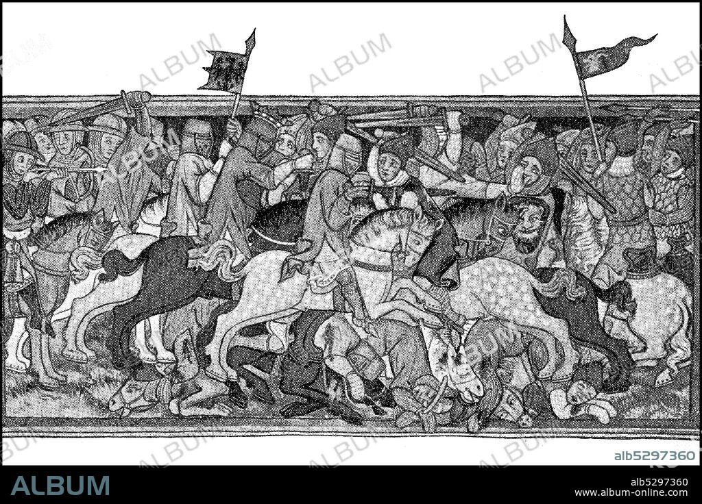 Battle scene from the time of the Battle of Muehldorf, also known as the Battle of Ampfing, on 28 September 1322, the Wittelsbach Ludwig IV the Bavarian, Duke of Upper Bavaria, defeated the Habsburg Frederick the Fair, Duke of Austria.