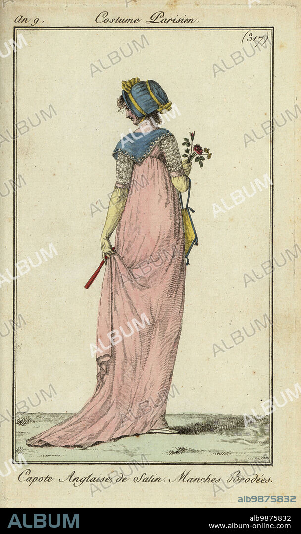 Fashionable woman in satin English bonnet, 1801. Rear view of her dress with short embroidered sleeves, blue kerchief. She carries a rose, fan and handbag. Capote Anglaise de Satin. Manches Brodées. Handcoloured copperplate engraving from Pierre de la Mesangeres Journal des Modes et Dames, Paris, 1801. The illustrations in volume 4 were by Carle Vernet, Bosio, Dutailly and Philibert Louis Debucourt.