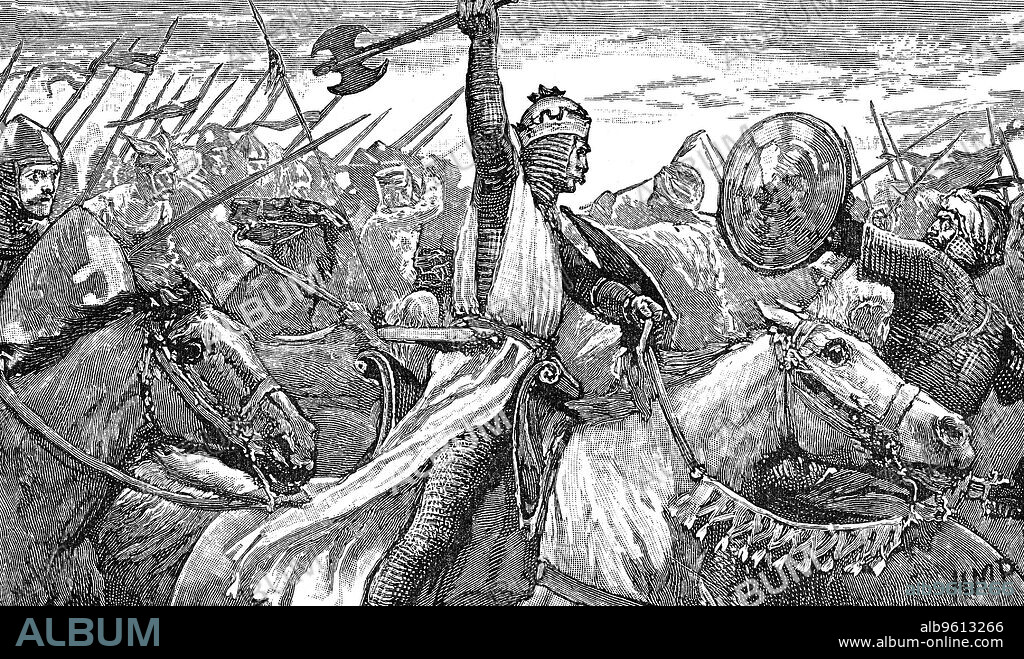 Charles Martel, King of the Franks, at the Battle of Poitiers, 732 (1892). Charles Martel (the Hammer) (c688-741) depicted wielding a battleaxe. Founder of the Carolingian dynasty and grandfather of Charlemagne, he defeated the Moors at the Battle of Poitiers in 732, turning back their expansion north of the Pyrenees.
