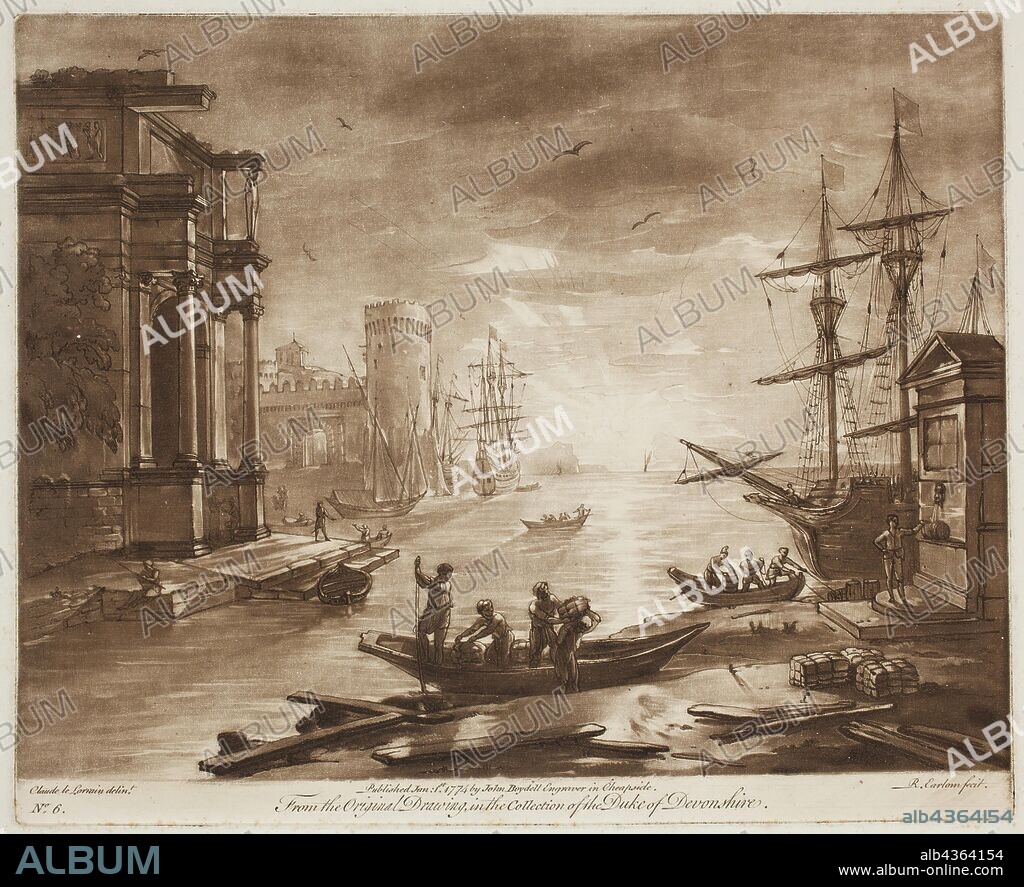 Richard Earlom, English, 1743 - 1822, after Claude Gellée, French, 1600-1682, Harbor Scene at Sunset, ca. 1773, etching and mezzotint printed in brown ink on laid paper, Plate: 8 1/4 × 10 1/8 inches (21 × 25.7 cm).