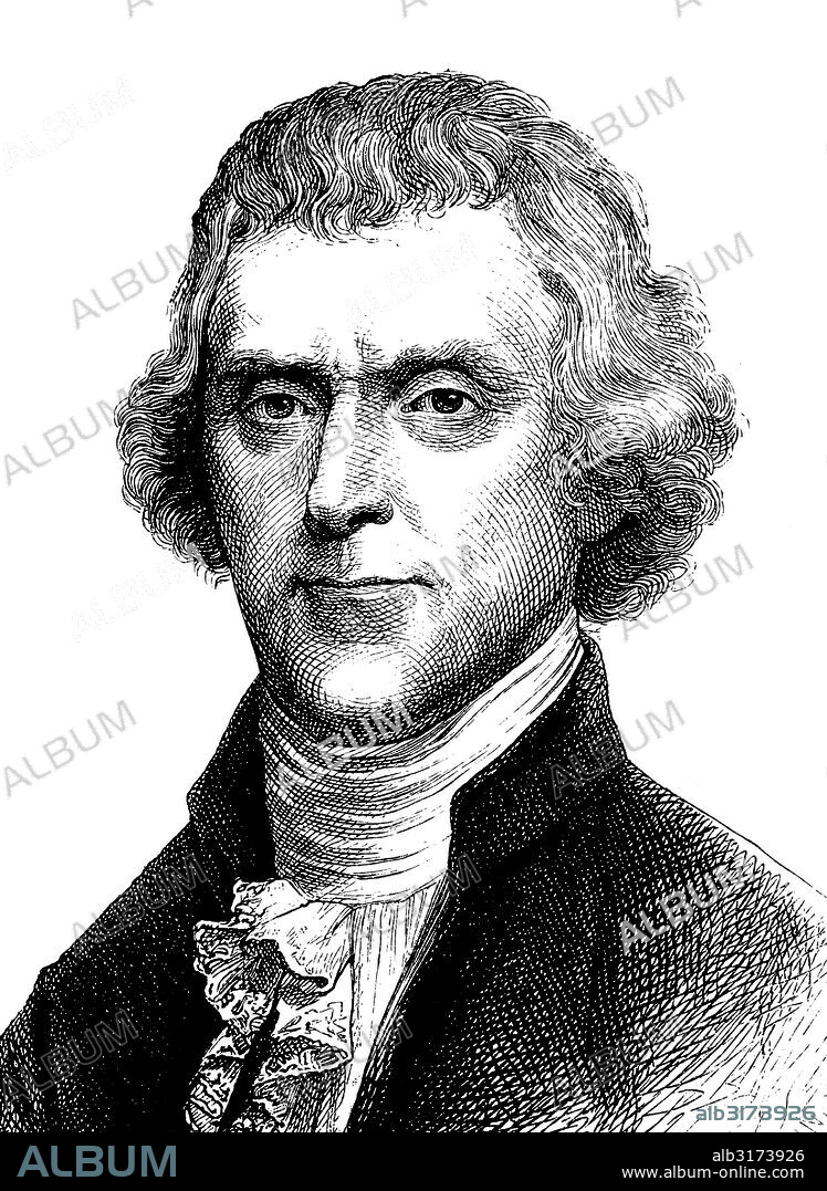 Thomas jefferson, 1743 - 1826, the third president of the united states, the principal author of the declaration of independence, historical engraving, 1880.