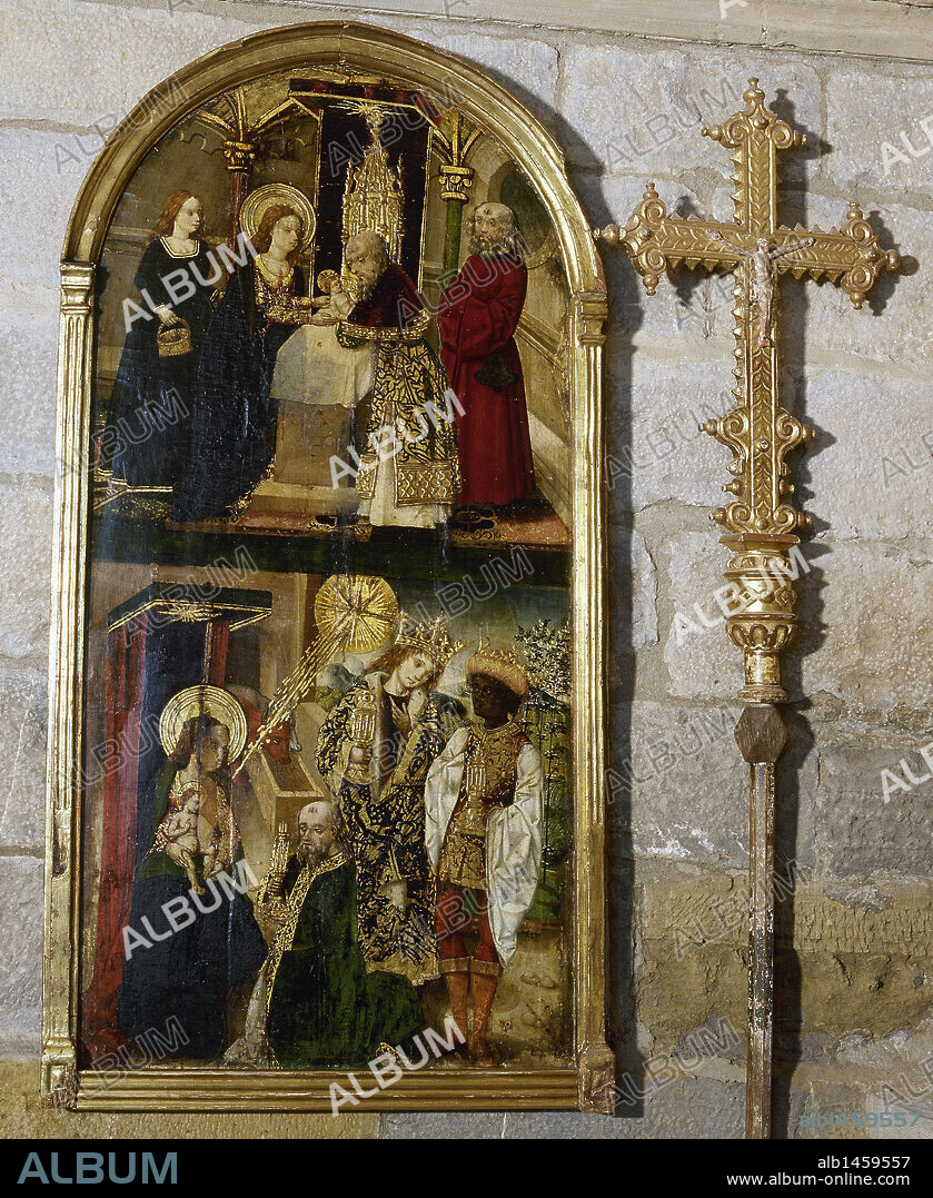 ARTE GOTICO. ESPAÑA. Tabla (h.1500) con la representación de la "PRESENTACION DE JESUS EN EL TEMPLO" en el registro superior y "LA EPIFANIA" en el inferior. Es de AUTOR ANONIMO y procede del Retablo de la Catedral de Pamplona. Museo Diocesano de Pamplona. Navarra.