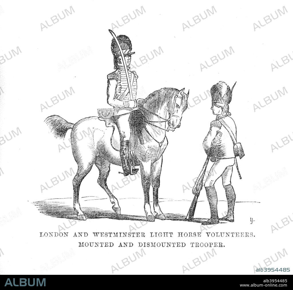 'London and Westminster Light Horse Volunteers. Mounted and Dismounted Trooper', c1870. Equestrian portrait of a soldier with upright sword,  in one of London's eight Royal Parks. the Royal Parks of London are lands originally owned by the monarchy of the United Kingdom for the recreation (mostly hunting) of the royal family.  From The Story of the London Parks by Jacob Larwood. [Chatto and Windus, London, c1870].
