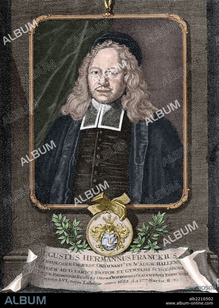 August Hermann Francke (1663-1727, Halle). Clérigo luterano alemán, filántropo y erudito bíblico. Grabado coloreadi. "La Historia Universal", año 1885.