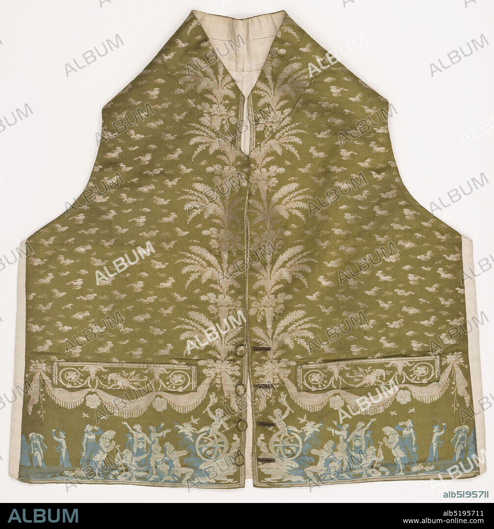 Waistcoat, Medium: silk Technique: two interconnected structures: twill plus plain weave (lampas) Label: silk lampas, Gentleman's waistcoat with a small overall pattern and neo-classical leafy sprays symmetrically arranged down the center front, in taupe on an olive green ground. At the lower edge, a 'frieze' of the Triumph of Cupid in blue and white., France, 17851800, costume & accessories, Waistcoat.