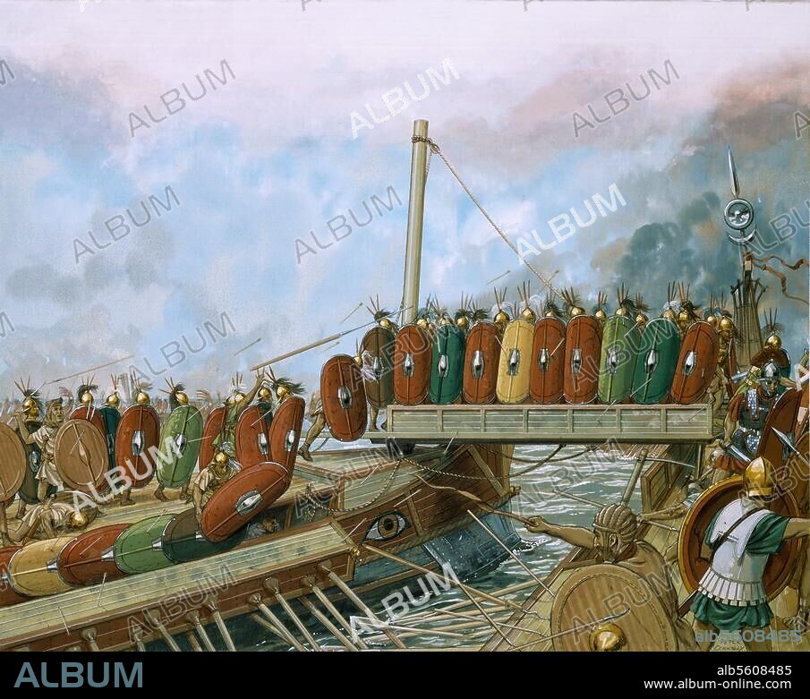1. Punischer Krieg 264-241 v. Chr. (Kampf zwischen Römern und Karthagern um die Vormacht im westl. Mittelmeer). "Roman sea battle against the Carthagians (...) " (Seeschlacht zwischen Römern und Karthagern, Mitte 3. Jahrh. v. Chr.: Entern eines Schiffes mit einer Fallbrücke). Aquarell, 1989, von Peter Connolly (1935-2012).