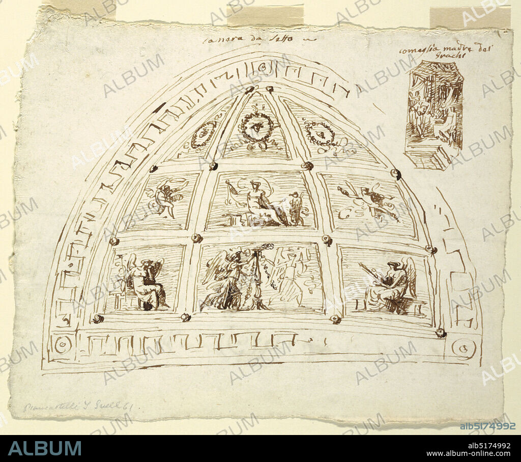 Ceiling Vault Decoration, Camera da Letto, Sala di Cornelia di Palazzo Cavina, Faenza, Felice Giani, Italian, 17581823, Pen and ink on laid paper, Decoration for vaulted ceiling. Fret band and frame subdivided into nine panels. Lower rows: quadrangular panels decorated with flying genii; central panel shows seated woman and putto. Top row: triangular panels decorated with wreaths and masks. Inscribed in ink, above drawing: Camera da letto. In right corner, sketch in octagonal panel; Cornelia sitting in room with two standing figures. Inscribed above, in ink: corneglia madre dei/ grachi. Verso: sketch with variation of decoration. Below, one more framing frieze with rinceaux. Central panel, second row: Venus with putto holding looking-glass. Bottom row: panels decorated with dancing women and children beside candelabrum., Italy, 1816, architecture, interiors, Drawing, Drawing.