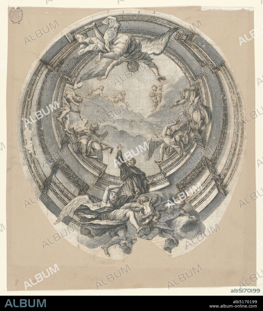 Design for the Dome of a Dominican Church, Lorenzo Peracino, Italian, 17101790, Pen and brown ink, brush and gray wash, black and red chalk, graphite on laid paper, Vertical format design for the decoration of a church dome. Dominican monk being raised on a cloud into the distant clouds of heaven with many angels accompanying the monk, some playing musical instruments. Grid lines in graphite., Northern Italy, 171090, architecture, interiors, Drawing, Drawing.