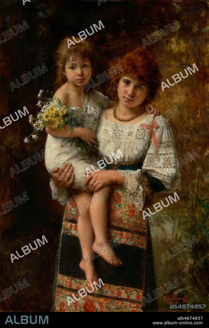 Aleksei Alekseevich Kharlamov, Young Woman and Child, 1894, oil on canvas, 54 1/8 in. x 36 15/16 in. (137.5 cm. x 93.8 cm.), Born into a family of Russian serfs, Aleksei Alekseevich Kharlamov studied with history painter Aleksei T. Markov at the Imperial Academy of the Arts in St. Petersburg starting in 1856 and with Leon Bonnat in Paris at the École des Beaux-Arts in the early 1870s. While widely renowned for his official portraits of sitters such as Ivan Turgenev, Tsar Alexander II, and Sergei Tretyakov, Kharlamov is best remembered for his informal portraits of girls and young women whose beauty and innocence he captured in a romantic style. In this painting, the relationship between the two figures is ambiguous: are they sisters, or a young mother and child? This ambiguity and the surprising lavishness of their costume, despite the rustic setting, compel the viewer to imagine a back story for the scene.