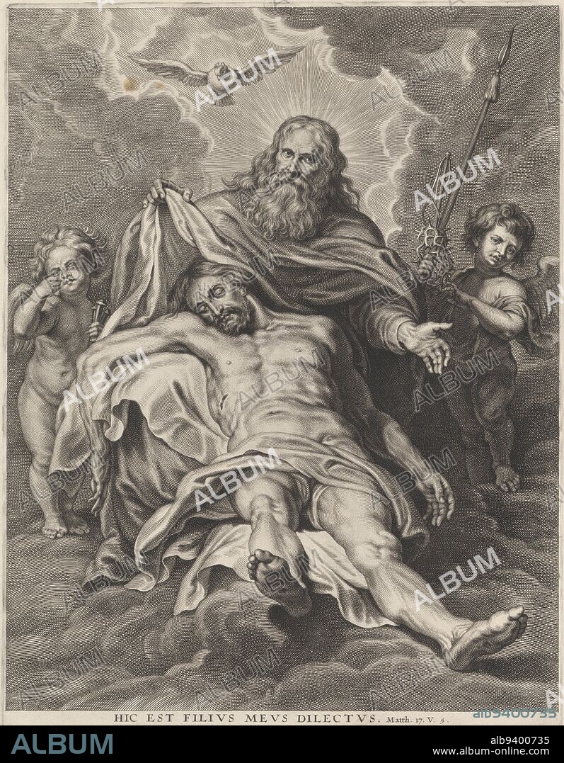 Holy Trinity in the clouds: God the Father holding on his lap the body of Christ and above his head the Holy Spirit in the form of a dove. Two small angels on either side hold instruments of suffering. Below the representation quote from Matthew 17:5., Holy Trinity and angels with instruments of affliction, print maker: Schelte Adamsz. Bolswert, (mentioned on object), after: Peter Paul Rubens, (mentioned on object), publisher: Gilles Hendricx, (mentioned on object), Antwerp, 1596 - 1659, paper, engraving, h 462 mm × w 345 mm.