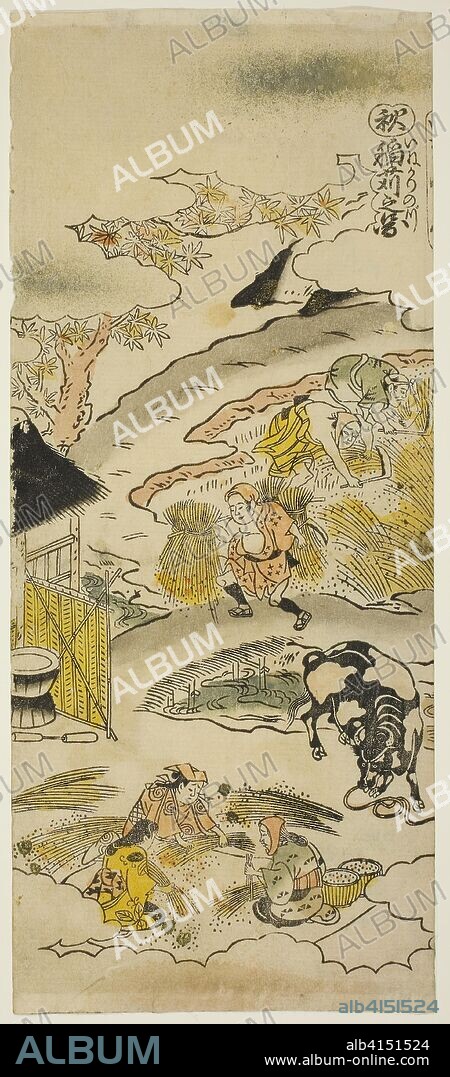 Autumn: Harvesting Rice (Aki: inekari no zu), No. 3 from the series "The Four Seasons of Farmers (Shiki no hyakusho)". Torii Kiyomasu II; Japanese, 1706 (?)-1763 (?). Date: 1730-1739. Dimensions: 31 x 13 cm (12 3/16 x 5 /8 in.). Hand-colored woodblock print; hosoban, urushi-e. Origin: Japan.
