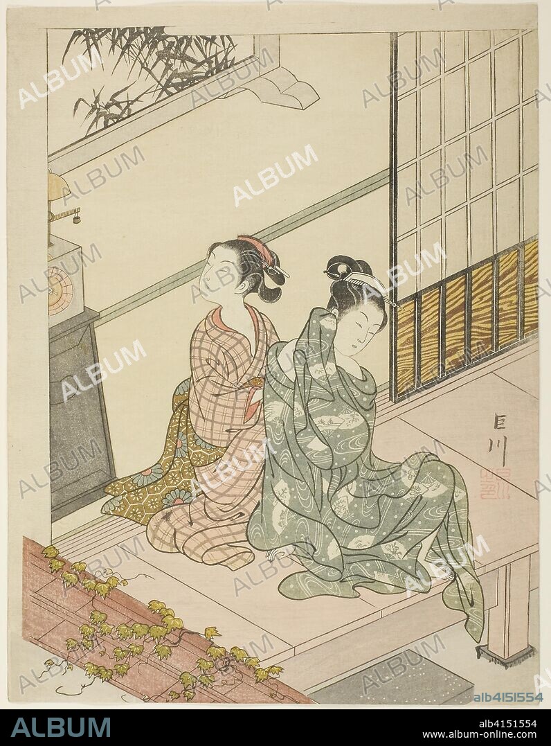 The Evening Bell of the Clock (Tokei no bansho), from the series "Eight Views of the Parlor (Zashiki hakkei)". Suzuki Harunobu ?? ??; Japanese, 1725 (?)-1770. Date: 1761-1771. Dimensions: 28.5 x 21.7 cm (11 1/4 x 8 1/2 in.). Color woodblock print; chuban. Origin: Japan.