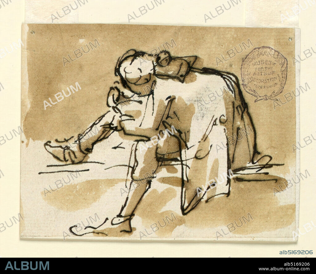 Hunchback sitting on a step, Giuseppe Valadier, Italian, 17621839, Pen and brown ink, brush and brown wash, on paper, A stylishly dressed hunchback sits on a step reading a note., Italy, ca. 1785, theater, Drawing, Drawing.