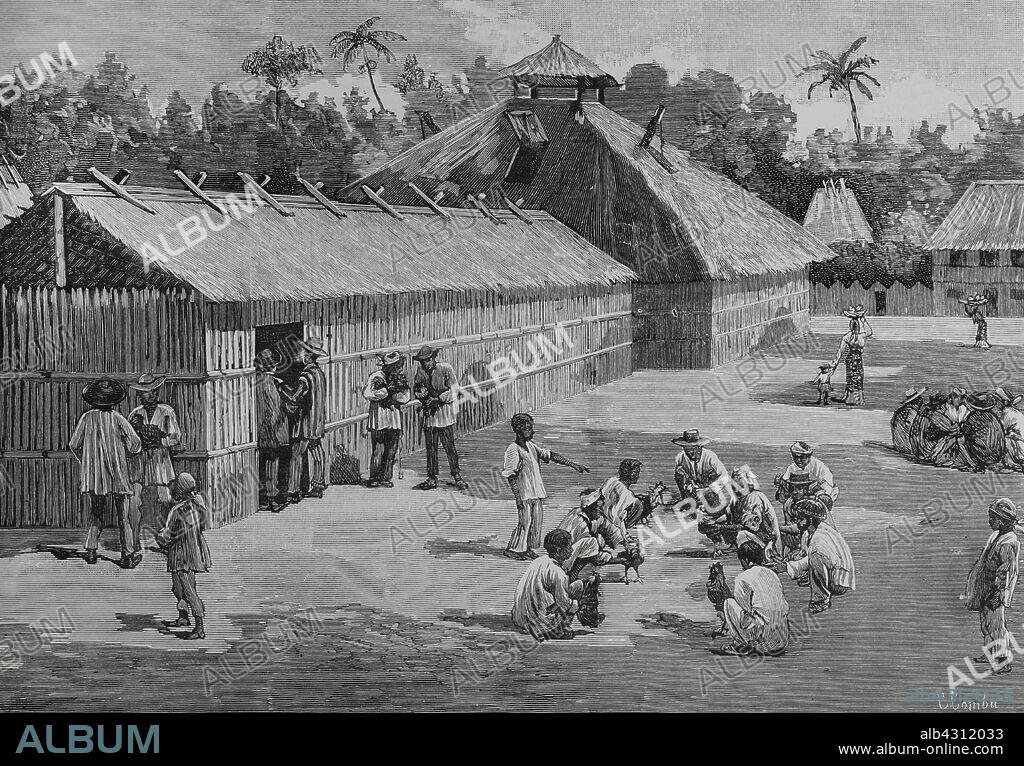 Filipinas. Nativos del campo adiestrando a los gallos de pelea. Dibujo por Comba. Grabado. La Ilustración Española y Americana, 1883.