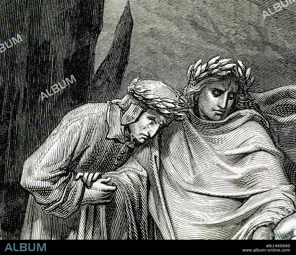 "LA DIVINA COMEDIA". Poema escrito en toscano donde se relata el viaje de su autor, DANTE ALIGHIERI, para llegar a la CONTEMPLACION DIVINA. "VIRGILIO Y DANTE RECORRIENDO EL INFIERNO". Grabado de Gustavo DORE.