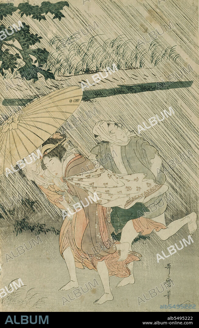 KITAGAWA UTAMARO. Sheltering from a Sudden Shower, Japan, c. 1799/1800. Detail from a larger artwork.