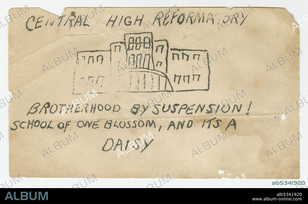 Small mimeographed flyer owned by African-American civil rights activist Daisy Bates who led the NAACP (National Association for the Advancement of Colored People) branch in Arkansas and was in charge of the Little Rock school integration. Bates worked to organize a safe integration process and mentored the first students, known as the Little Rock Nine. Due to intense protests, President Dwight D. Eisenhower sent the Arkansas National Guard to ensure that the school integration could proceed. Protestors and advertisers boycotted the Arkansas State Press, an activist newspaper owned by Daisy and her husband Lucius Christopher Bates. The Bates suffered financial difficulties due to their outspoken integration efforts. Black ink on soiled white paper. It features a drawing of Little Rock Central High School and the text [CENTRAL HIGH REFORMATORY / BROTHERHOOD BY SUSPENSION! / SCHOOL OF ONE BLOSSOM, AND IT’S A / DAISY] Discolored throughout. Edge wear throughout, with tears and loss. Two small holes at bottom right.