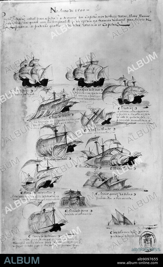 Alvares Cabral's fleet sailing for Brazil. 1500. Pedro çlvares Cabral (1467-1520) was a Portuguese nobleman, explorer, and navigator who was the first European to see Brazil (on April 22, 1500).. Cabral's patron was King Manuel I of Portugal, who sent him on an expedition to India. Cabral's 13 ships left on March 9, 1500, following the route of Vasco da Gama. On April 22, 1500, he sighted land (Brazil), claiming it for Portugal and naming it the "Island of the True Cross.".