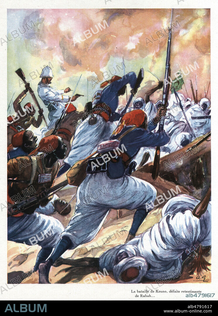 la bataille de Kouno et la defaite de Rabah face aux hommes de Emile GENTIL (1866-1914). Illustration de 1941 par Andre GALLAND (1886-1965) pour Les coloniaux francais illustres par Marcel SOUZY. ADAGP. Credit : Collection Jonas/Kharbine-Tapabor.