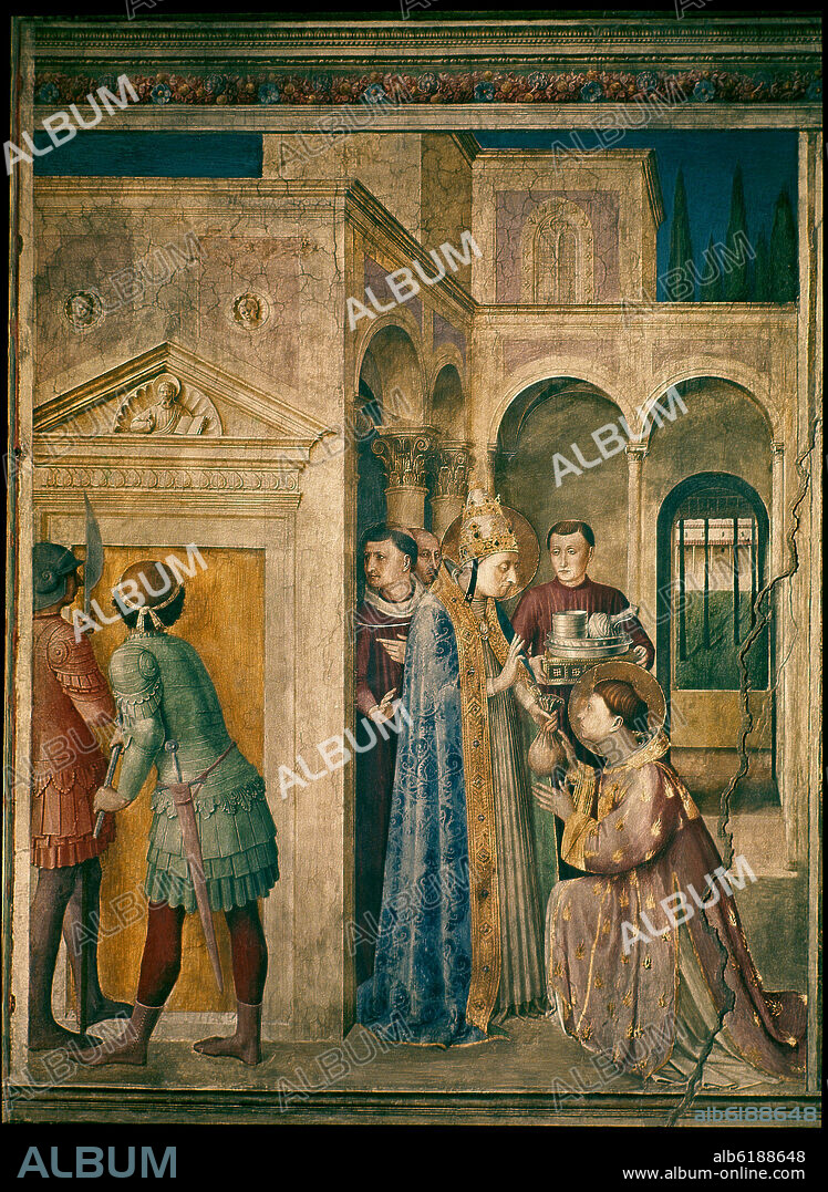 GUIDO DI PIETRO (1400/1455) FRA ANGELICO O FRAY AN. CAPILLA DE NICOLAS V- SAN LORENZO RECIBE LOS TESOROS DE LA IGLESIA- 1447/1451- FRESCO 271X205.