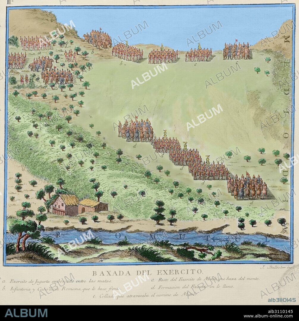 SALUSTIO CRISPO, Cayo (Caius Salustius Crispus) (h.86-35 a.C.). Historiador romano. LA GUERRA DE YUGURTA (111-104 a.C.) Grabado coloreado con la representación del MAPA DONDE TIENE LUGAR LA BATALLA. "BAXADA DEL EXERCITO", entre el ejército de Yugurta y las legiones romanas del Consul Cecilio Metelo. Edición de 1772. Biblioteca de Catalunya. Barcelona. España.