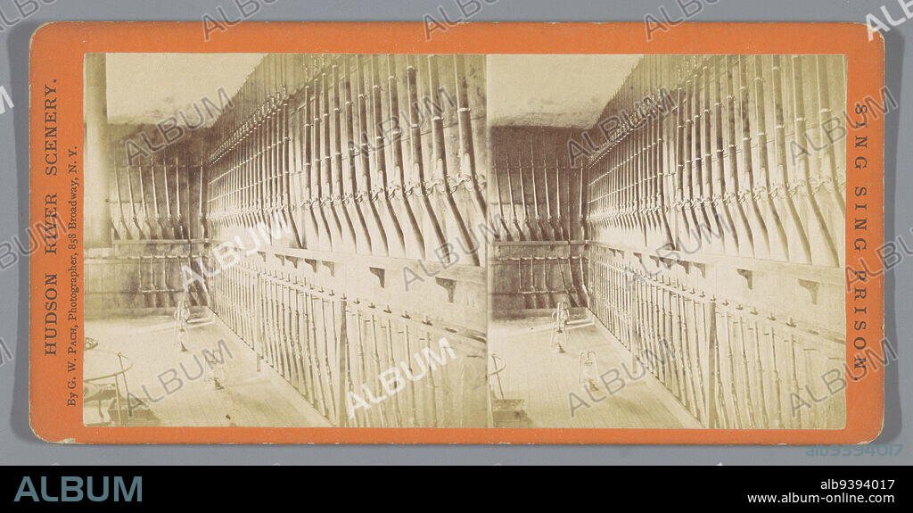 Weapons magazine in Sing Sing Correctional Facility, Guard Room (title on object), Sing Sing prison (series title on object), Hudson River scenery (series title on object), G.W. Pach (mentioned on object), Ossining, 1871 - 1877, cardboard, paper, albumen print, height 87 mm × width 176 mm.