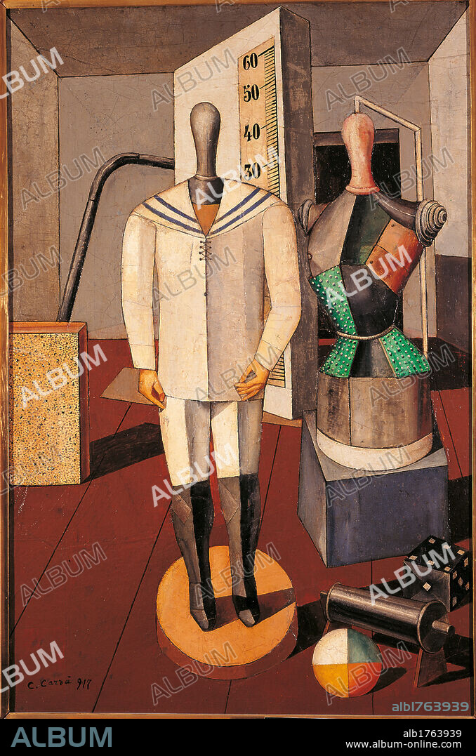 CARLO CARRÀ. Mother and Son, by Carlo Carr, 1917, 20th Century, oil on canvas, cm 90 x 59,5. Italy, Lombardy, Milan, Brera Art Gallery, Jesi Collection. All. Dummy orange green red ball die meter complete sewing machine tailors workshop. Authorization required for non editorial use.  Please remember that author's rights have to be cleared for modern and contemporary works of arts.