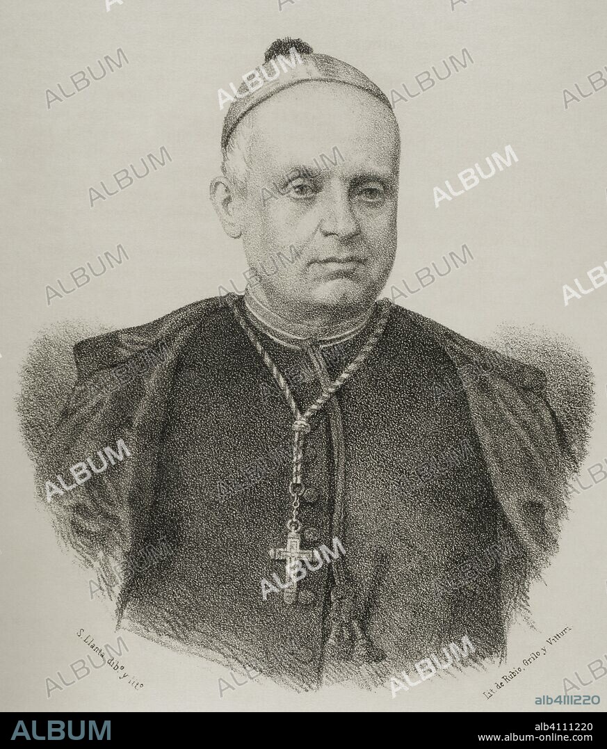 Antolín Monescillo y Viso (1811-1897). Cardenal español y arzobispo primado de Toledo. Dibujo por Llanta. Litografía. Retrato. Detalle. Crónica General de España, Historia Ilustrada y Descriptiva de sus Provincias. Castilla-La Nueva, 1869. Biblioteca Histórico Militar de Barcelona. Cataluña, España.
