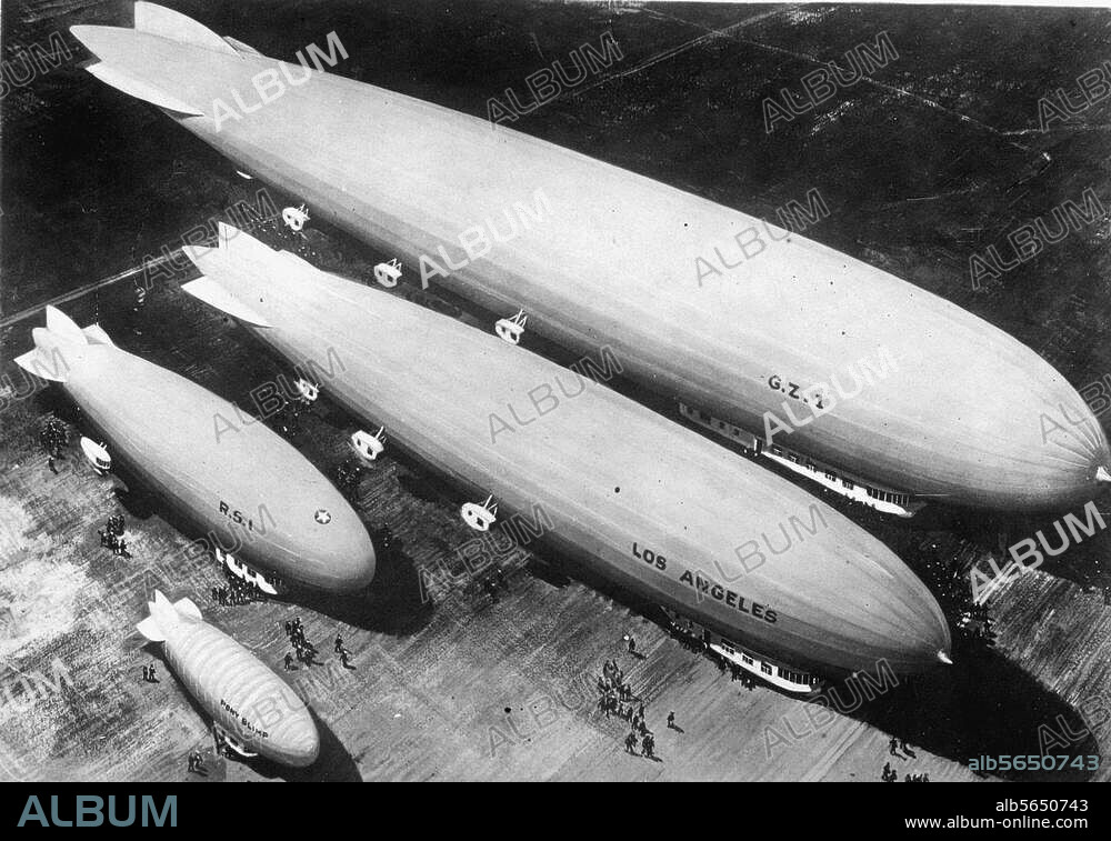 ANONYM. Verkehr / Luftfahrt:. Luftschiffe. Luftschiffe der US-Armee und -Marine 1925: GZ-1, Los Angeles, RS-1 und Pony Glimp. Zeichnung.