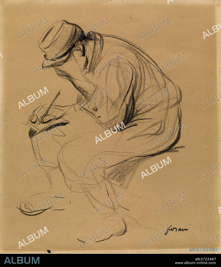 JEAN-LOUIS FORAIN. Le Poilu (French Soldier Writing Home). Dated: c. 1900. Dimensions: sheet: 36.2 x 32.2 cm (14 1/4 x 12 11/16 in.). Medium: black chalk on wove paper.