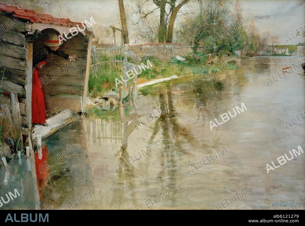 CARL LARSSON. Larsson, Carl Olof, 1853 - 1919, Swedish painter. "Grezsur-Loing" (By the river Loing), 1887. (In the boat house the wife of Bruno Liljefors, a friend of the artist). Watercolour, 45 x 65 cm. Private collection.