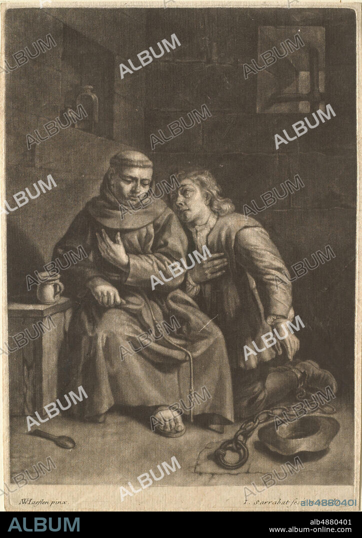 Isaac Sarrabat, French, 1667after 1701, Nicolas van Haften, (Dutch, 16631715), Capuchin Friar Confessing a Male Prisoner, 16771777, Mezzotint on paper, Overall: 10 1/16 x 7 1/16 in. (25.6 x 18 cm).