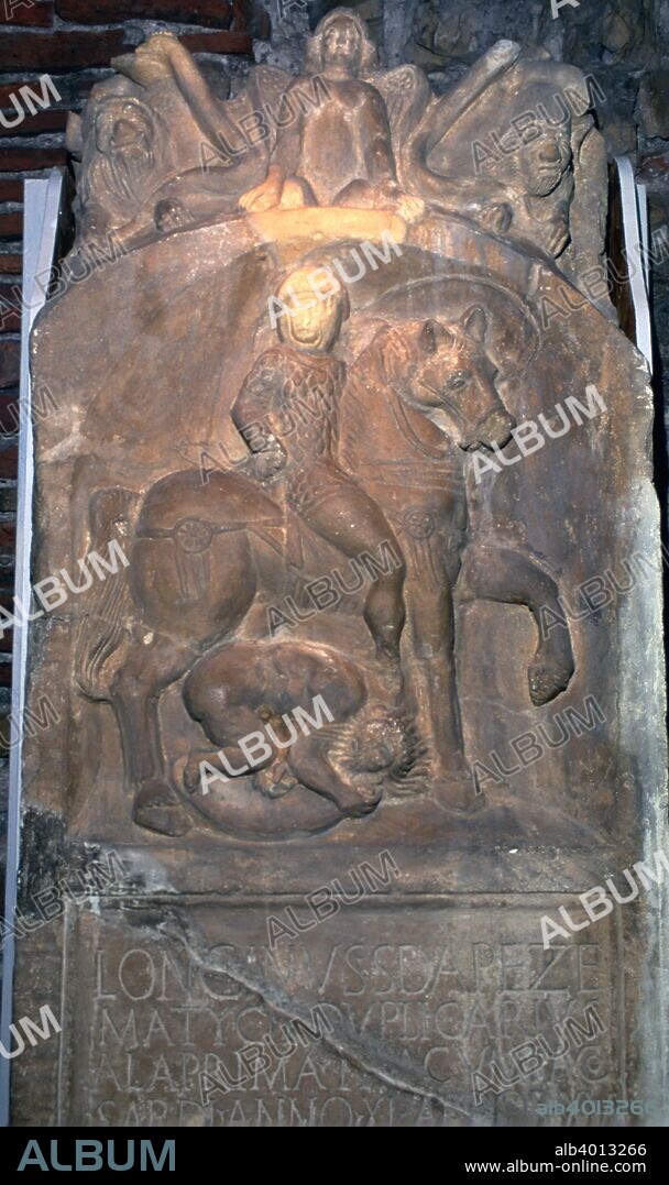Roman tombstone of Longinus Sdapeze, an auxillary cavalryman, from Colchester. Now in the Colchester Castle museum's collection, 1st century.