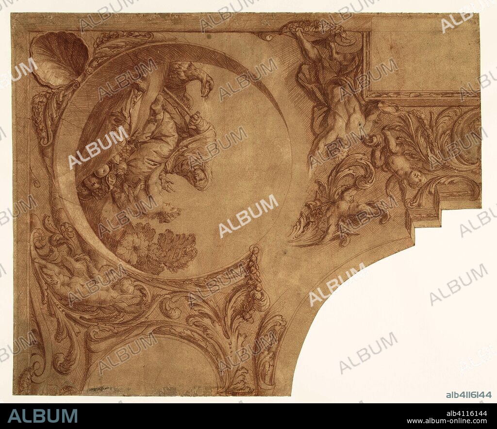 Design for a corner piece of a ceiling with Vertumnus and Pomona. Draughtsman: Mattheus Terwesten. Intermediary draughtsman: Augustinus Terwesten (I). Dating: 1680 - 1757. Measurements: h 566 mm × w 461 mm.