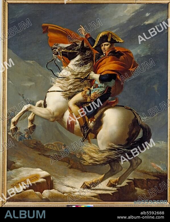 Napoleon I. Bonaparte, Kaiser der Franzosen (ab 1804); 1769-1821. - "Bonaparte franchissant le Grand Saint-Bernard" (Bonaparte, die Alpen überschreitend; - Großer St. Bernhard, 20. Mai 1800). Gemälde, 1803, von Jacques Louis David. (1748-1825). Eine von mehreren Repliken des Originals von 1801 im Schloss Malmaison. Öl auf Leinwand, 2,675 m x 2,23 m. Erworben 1979 aus der Sammlung des Prinzen Napoléon. Inv. Nr. MV 8550, Versailles, Château et Trianons.