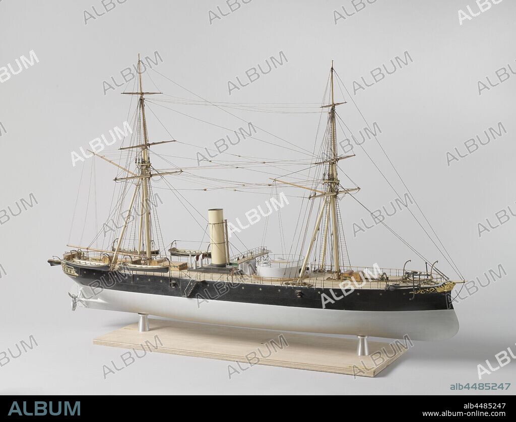 Model of an Ironclad Ram Ship, Polychromed and witnessed block model of a ram tower ship, the floorboard is missing. It has the Rijkswapen on the mirror and gilt carving on the bow. The model has a flat deck, it has a ramsteven, round stern, rudder with rounded blade, and two two-leaf screws. The steering wheel is completely on the main deck, no superstructures have been built on the deck, apart from a number of little ramps and entrances, the turret with two cannons and a bridge between the turret and the chimney. The railing is double for cage extension. The model has five sloops in davits. The sheer is completely flat, the hull is a round truss. The model has a two-mast rig with three-legged masts of the Cole system, standing and walking rigging without sails, ship model, Buffalo (ship), R. Napier & Sons, Glasgow, 1868, wood (plant material), brass (alloy), rope, model: h 81 cm × l 137 cm × w 38.6 cm packaging capsule: h 95 cm × w 145 cm × d 55 cm.