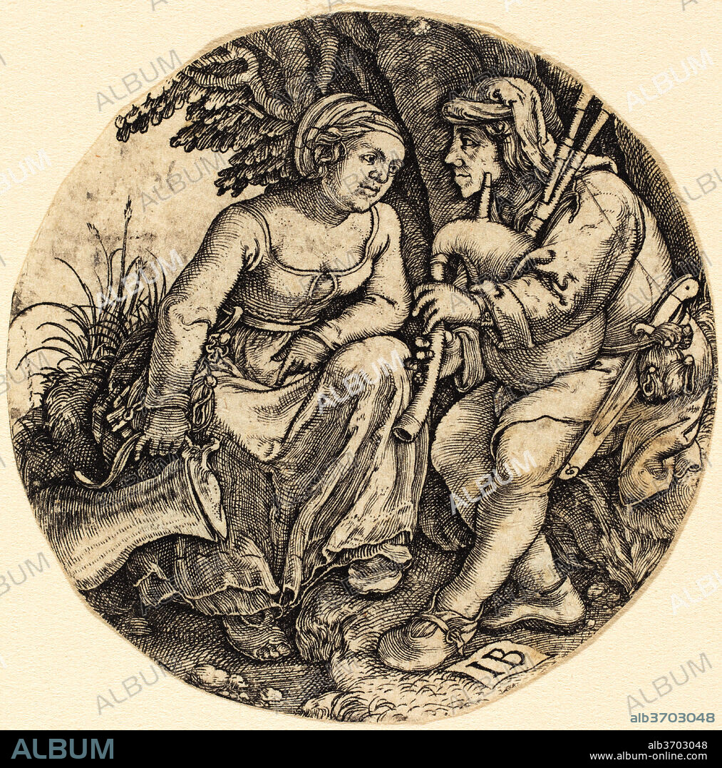 MASTER IB. Bagpipe Player with His Lover. Medium: engraving.