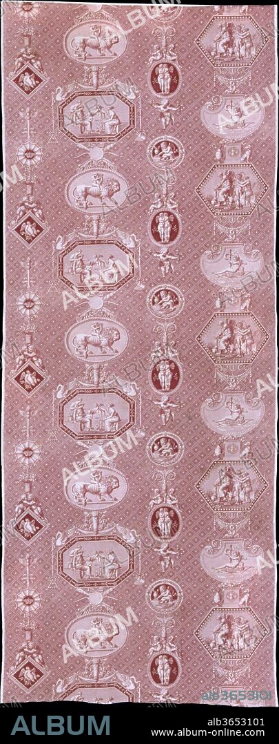 La marchande d'amours. Culture: French, Jouy-en-Josas. Designer: Louis Hippolyte Lebas (French, 1782-1867). Dimensions: L. 90 x W. 99 inches (as one piece)
228.6 x 251.5 cm. Manufactory: Oberkampf Manufactory (French, active 1760-1843). Date: ca. 1816.
The title of this piece, which translates as "The Merchant of Love" or "The Cupid Seller," is based on the scene in one of the octagonal cartouches showing a woman selling winged cupids from a cage. In 1816, Lebas was asked by Émile Oberkampf, son of the factory founder Christophe-Philippe Oberkampf, to produce several patterns for the firm. The Museum has two pieces resulting from that commission: "La Marchande d'Amours" and a pattern showing various historic sites in Paris. This exemplified a type of Neoclassical scenic textile popular during the first two decades of the nineteenth century in which a variety of motifs following a theme were isolated in decorative frames against a geometric patterned background. In contrast to eighteenth-century narrative designs, in which motifs float like islands on a white ground, these early nineteenth-century cottons form an overall decorative pattern unified by the geometric background.