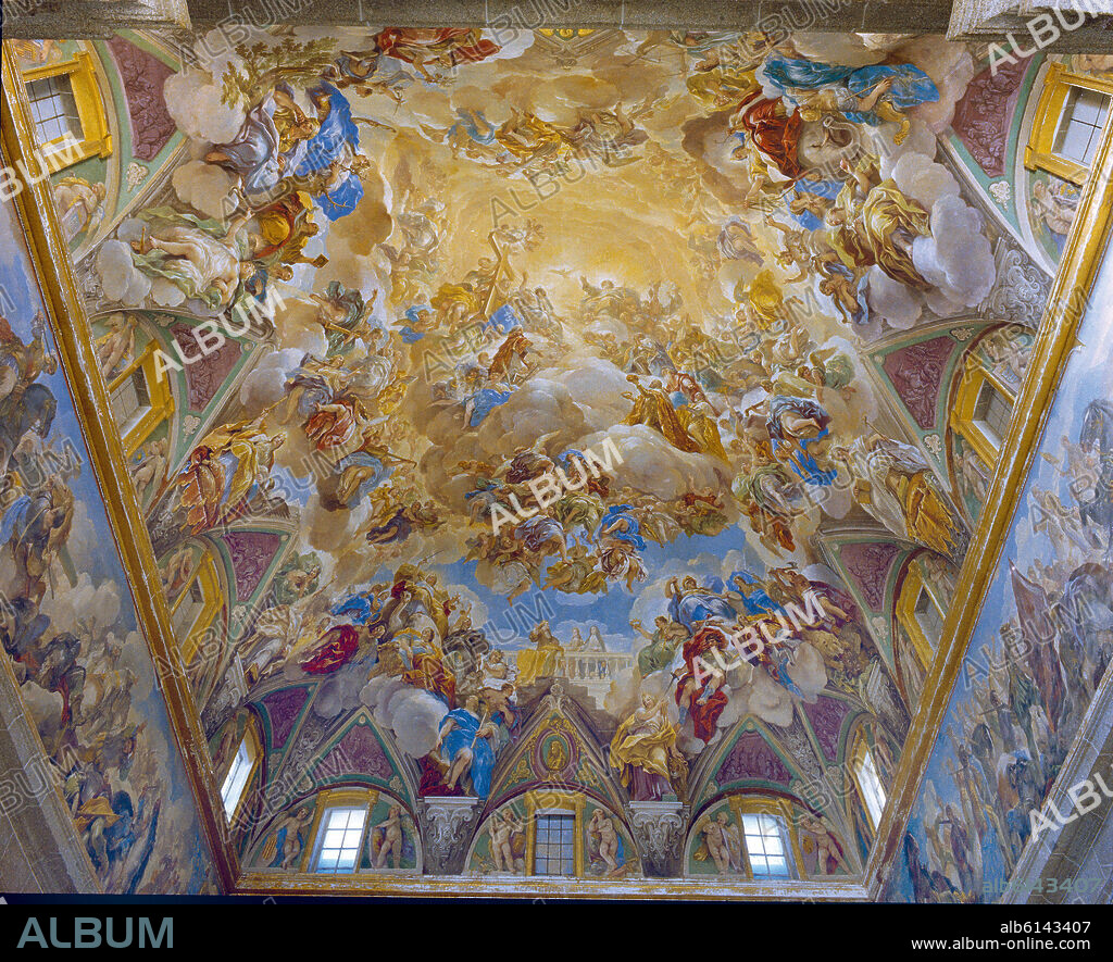 LUCA GIORDANO. FRESCOS DE LA CUPULA DE LA ESCALERA PRINCIPAL:LA GLORIA CON SAN LORENZO ADORANDO A LA TRINIDAD - SIGLO XVII - PINTURA BARROCA.