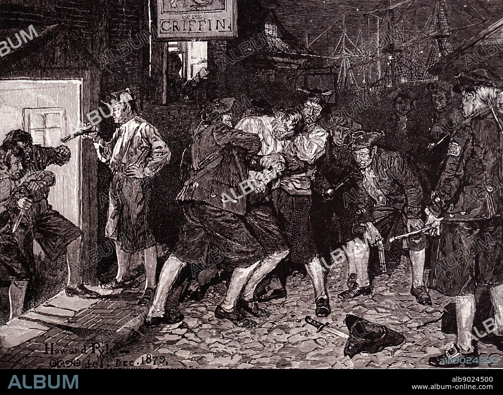 Illustration showing a Press Gang at work circa - 18th century. Impressment, colloquially the press or the press gang, is the taking of men into a military or naval force by compulsion, with or without notice. Navies of several nations used forced recruitment by various means. The large size of the British Royal Navy in the Age of Sail meant impressment was most commonly associated with Britain. It was used by the Royal Navy in wartime, beginning in 1664 and during the 18th and early 19th centuries.