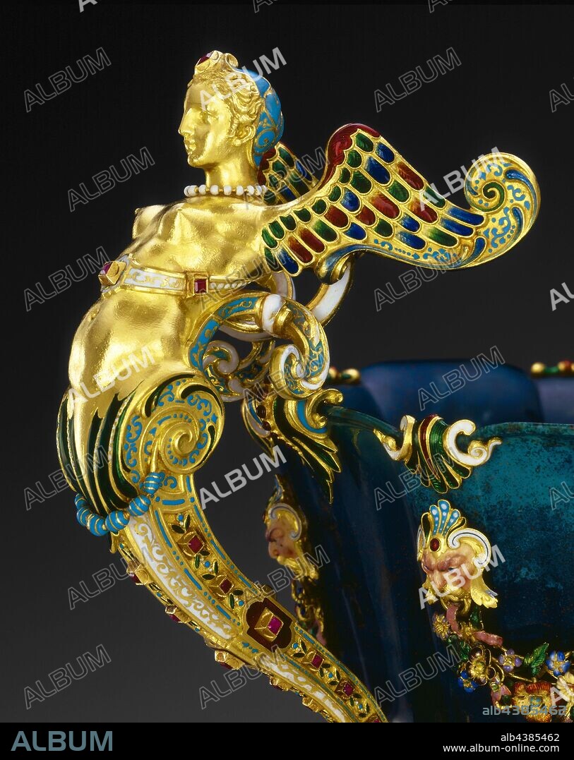 Cup, Jean-Valentin Morel (French, 1794-1860), 1854-1855, bloodstone (jasper), gold, enamels, emeralds, rubies, sapphires, cameos, 11 x 10 x 7 in., Marks on top of gold band of mount on stem (Ajax cameo side): Maker's mark for Jean-Valentin Morel, Marks on top of gold band of mount on stem (Ajax cameo side): head of horse turned to the right (poincon de petite garantie) (warranty), ...see Notes tab..., Decorative Arts.
