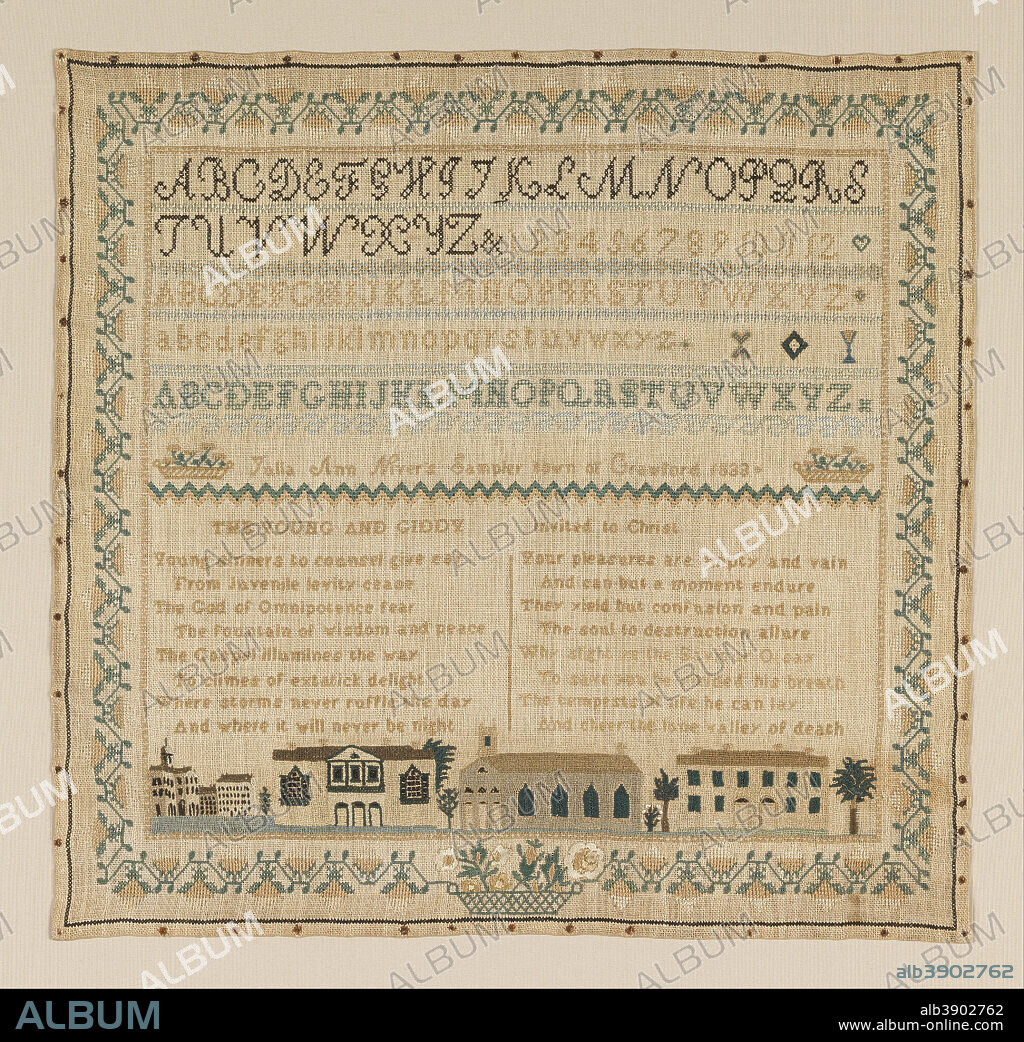 JULIA ANN NIVERS. Sampler. Date/Period: 1833. Sampler. Medium: silk embroidery on linen foundation. . Technique: embroidered in cross, satin, and eyelet stitches on plain weave foundation. Height: 490 mm (19.29 in); Width: 480 mm (18.89 in).