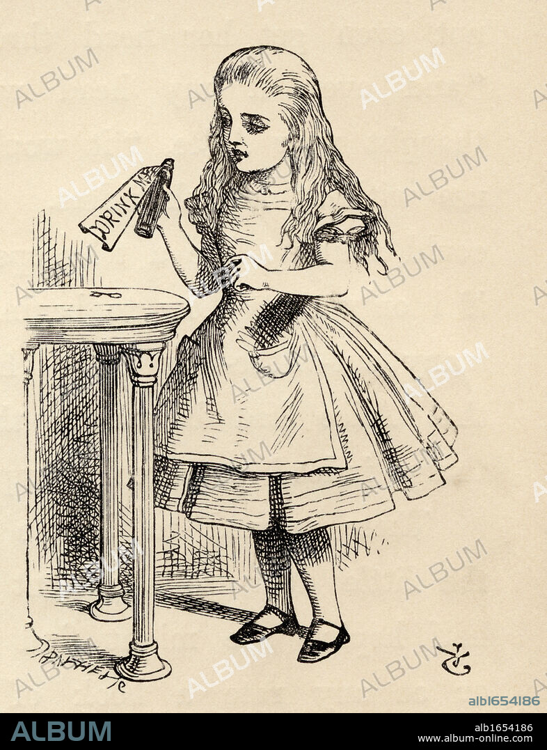 Alice Peering at the Drink Me Bottle Illustration by John Tenniel from the book Alices's Adventures in Wonderland by Lewis Carroll published 1891.