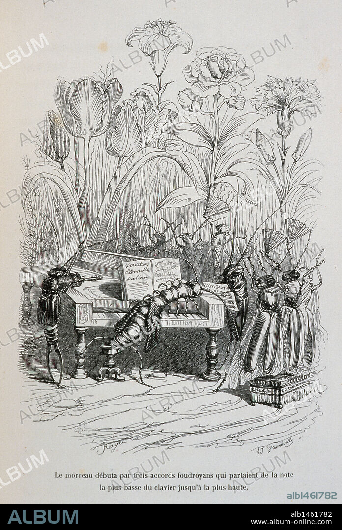 J.J. Grandville (pseudonym of Jean Ignace Isidore Gerard) (1803-1847). French caricaturist. The private and public life of animals. Satire of French society of 1840 through the eyes of animals. Satiric lithography. Paris, edited by J. Hetzel, 1842.