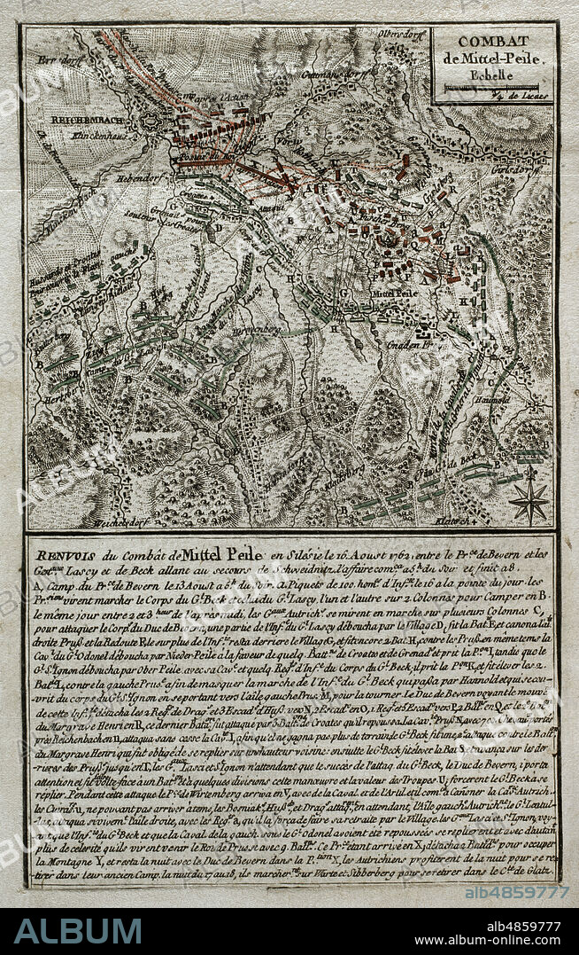 JEAN DE BEAURAIN (1696-1771). FRENCH GEOGRAPHER.. Guerra de los Siete Años (1756-1763). Batalla de Reichenbach (16 de agosto de 1762). Mapa de Mittel Peilau, 1762. Silesia. Fuerzas austríacas dirigidas por el Mariscal Daun atacaron al ejército prusiano quienes lograron resistir la ofensiva. Publicado en 1765 por el cartógrafo Jean de Beaurain (1696-1771) como ilustración de su Gran Mapa de Alemania, con los eventos que tuvieron lugar durante la Guerra de Los Siete Años. Aguafuerte y grabado. Edición francesa, 1765. Biblioteca Histórico Militar de Barcelona. Cataluña, España.