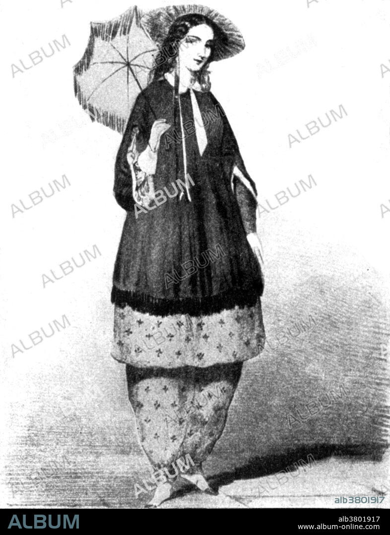 Amelia Jenks Bloomer (May 27, 1818 - December 30, 1894) was an American women's rights and temperance advocate. Even though she did not create the women's clothing reform style known as bloomers, her name became associated with it because of her early and strong advocacy. The costume was called the American Dress or Reform Costume by the women's activists that wore it. Most of the women who wore the costume were deeply involved in dress reform, abolition, temperance and the women's rights movement. Bloomer edited the first newspaper for women, The Lily. It was issued from 1849 until 1853. The newspaper began as a temperance journal, but came under the influence of temperance activist and suffragette Elizabeth Cady Stanton who contributed articles on the broader issues of women's rights. Bloomer remained a suffrage pioneer and writer throughout her life, writing for a wide array of periodicals. She led suffrage campaigns in Nebraska and Iowa, and served as president of the Iowa Woman Suffrage Association from 1871 until 1873. She died in 1894 at the age of 76. Originally captioned: A sketch of Mrs. Bloomer in the costume she attempted to make the fashion seventy-seven years ago.