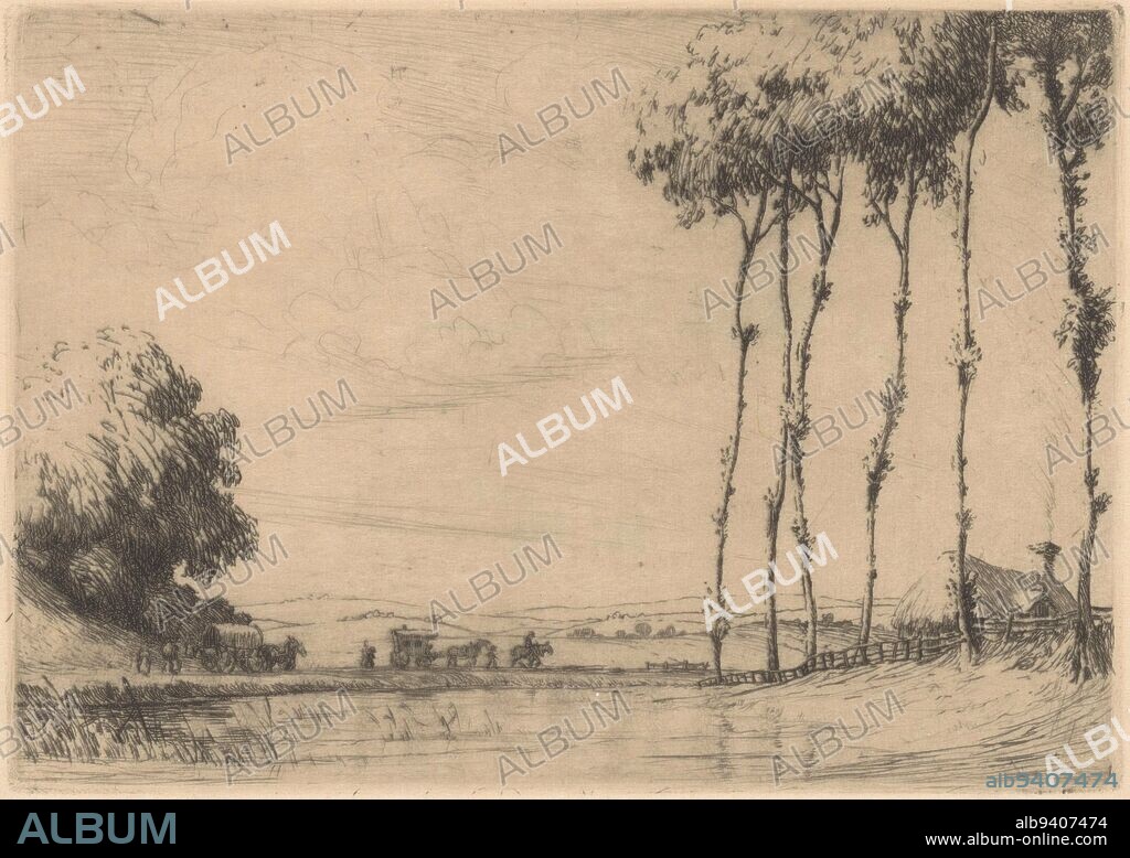 Landscape with covered wagon and caravan, Jan Daum, c. 1915, A covered wagon and a caravan are being pulled on a country road along the water by several horses. In the foreground left, six trees in front of a fence and a farmhouse., print maker: Jan Daum, (signed by artist), c. 1915, paper, etching, h 124 mm × w 175 mm.